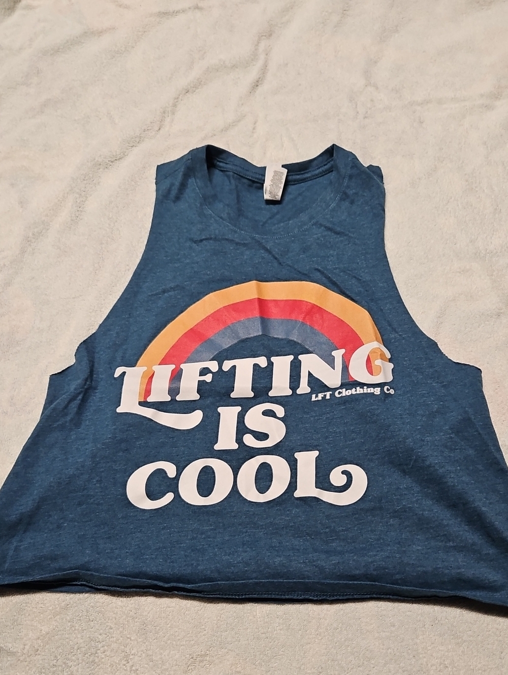 Bella Canvas Blue Tank with Retro Rainbow "Lifting Is Cool" Graphic Crop top
